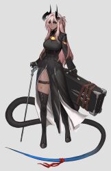 Rule 34 | 1girl, absurdres, aiko (less), belt, black dress, black footwear, black gloves, black sclera, boots, breasts, cane, colored sclera, commentary, dark-skinned female, dark skin, demon girl, dress, english commentary, full body, gloves, grey background, hair between eyes, highres, horns, impossible clothes, legs up, less, long hair, long sleeves, long tail, looking at viewer, medium breasts, original, pink hair, pointy ears, red ribbon, ribbon, side slit, sidelocks, simple background, smile, solo, standing, tail, tail ornament, tail ribbon, thigh boots, thigh strap, white eyes