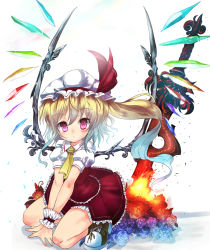 Rule 34 | 1girl, alternate wings, ascot, blonde hair, blue flower, blue rose, blush, boots, bow, child, cross-laced footwear, dress, embodiment of scarlet devil, female focus, flandre scarlet, flower, gradient hair, hat, highres, kneeling, lace-up boots, looking at viewer, multicolored hair, purple flower, purple rose, red eyes, red flower, red rose, rose, short hair, side ponytail, solo, squatting, staring, sumisu (mondo), sword, touhou, v arms, weapon, wings, wrist cuffs