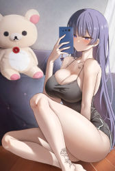 Rule 34 | 1girl, absurdres, arm up, bare shoulders, biya (1024), blunt bangs, breasts, cellphone, chair, cleavage, collarbone, curtains, grey shorts, grey tank top, highres, holding, holding phone, indoors, large breasts, long hair, looking at viewer, mask, phone, purple eyes, purple hair, selfie, shorts, sitting, smartphone, solo, stuffed animal, stuffed toy, tank top, tattoo, teddy bear, thighs, yuna (biya (1024))