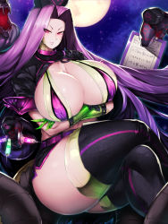 Rule 34 | 1girl, bikini, bikini top only, black thighhighs, breasts, cleavage, clipboard, cosplay, crossed arms, crossed legs, curvy, fate/grand order, fate (series), florence nightingale (fate), florence nightingale (fate) (cosplay), florence nightingale (trick or treatment) (fate), florence nightingale (trick or treatment) (fate) (cosplay), gloves, gorgon (fate), green gloves, hair intakes, highres, huge breasts, long hair, looking at viewer, medusa (fate), medusa (rider) (fate), moon, needle, night, official alternate costume, pink eyes, pout, purple hair, rider, scales, sekiyu (spartan), shrug (clothing), sitting, snake hair, snake tail, solo, swimsuit, tail, thick thighs, thighhighs, thighs, very long hair, wide hips
