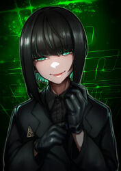 Rule 34 | 1girl, allmind (armored core 6), armored core, armored core 6, black gloves, black hair, black suit, darenenzinia, evil smile, formal, gloves, glowing, glowing eyes, green background, green eyes, highres, jacket, looking at viewer, short hair, smile, solo, suit