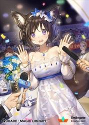Rule 34 | 1girl, 2boys, animal ears, bare shoulders, bead bracelet, beads, black hair, blush, bracelet, braid, breasts, brown hair, cleavage, confetti, copyright name, crowd, dog ears, dog tail, dress, flower, hair ornament, hands up, jewelry, large breasts, microphone, multiple boys, necklace, official art, open mouth, purple eyes, qurare magic library, see-through, standing, tail, white dress, whoisshe