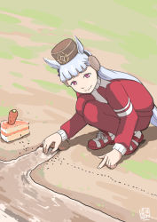 Rule 34 | 1girl, ant, bow, brown headwear, bug, cake, cake slice, carrot, closed mouth, food, full body, gold ship (umamusume), hair bow, horse girl, horse tail, insect, jacket, long hair, long sleeves, mihama machi, pants, purple eyes, purple hair, red footwear, red jacket, red pants, shoes, smile, sneakers, solo, squatting, tail, track jacket, umamusume, water