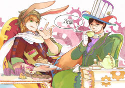 Rule 34 | 2boys, :q, alice in wonderland, animal ears, bad id, bad pixiv id, blonde hair, broccoli (arupuru), brown hair, chair, character request, copyright request, cowboy shot, cup, fake animal ears, floral print, food, food on face, gears, gloves, green eyes, hat, holding, holding cup, looking at viewer, male focus, monocle, multiple boys, rabbit ears, simple background, sitting, smile, speech bubble, table, tablecloth, talking, teapot, tongue, tongue out, top hat, translation request