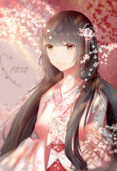Rule 34 | 1girl, absurdres, bad id, bad pixiv id, black hair, cherry blossoms, fusou (warship girls r), hair ornament, highres, holding hands, japanese clothes, kimono, light rays, lingmuqianyi, long hair, smile, sunlight, warship girls r, yellow eyes