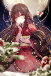 Rule 34 | black jacket, brown hair, crying, crying with eyes open, full moon, furisode, gomano rio, haori, highres, jacket, japanese clothes, kimono, liver city, long hair, moon, obi, official art, red kimono, sash, tearing up, tears, very long hair, yellow eyes