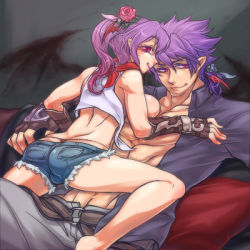 Rule 34 | 1boy, 1girl, abs, alternate color, ass, bandana, belt, blacksmith (ragnarok online), blue shorts, blush, breast press, breasts, brown belt, brown gloves, closed mouth, commentary request, crop top, feet out of frame, fingerless gloves, gloves, grey pants, hetero, large breasts, long hair, looking at viewer, looking back, lowres, medium hair, on person, pants, ponytail, purple hair, ragnarok online, red bandana, red eyes, rouko605, shirt, short shorts, short sleeves, shorts, sleeveless, sleeveless shirt, smile, thong, unbuttoned, unbuttoned shirt, white shirt