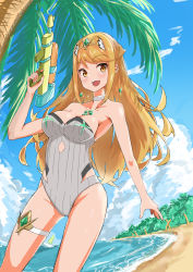 Rule 34 | 1girl, :d, absurdres, aotsuba, bare arms, bare legs, bare shoulders, beach, blonde hair, blue sky, blush, breasts, chest jewel, choker, cowboy shot, day, dutch angle, earrings, groin, highres, holding, holding water gun, jewelry, long hair, medium breasts, mythra (radiant beach) (xenoblade), mythra (xenoblade), one-piece swimsuit, open mouth, outdoors, palm tree, sky, smile, solo, strapless, strapless one-piece swimsuit, swept bangs, swimsuit, teeth, thigh strap, tree, upper teeth only, water gun, white choker, white one-piece swimsuit, xenoblade chronicles (series), xenoblade chronicles 2, yellow eyes
