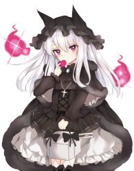 Rule 34 | 1girl, azur lane, carrying, commentary request, covering own mouth, cross, cross necklace, erebus (azur lane), erebus (illusory happiness) (azur lane), gothic lolita, hat, heart, holding, jewelry, lolita fashion, long hair, looking at viewer, machinery, meuneyu, necklace, purple eyes, remodel (azur lane), simple background, solo, turret, white hair