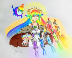 000000duck, 1girl, 1other, ahoge, blue skirt, braid, dated, dress, duel monster, holding object, multicolored hair, palette, rainbow hair, rainbow weather arciel, sitting, skirt, standing, traditional media, wariza, watercolor (medium), weathery (yugioh), white dress, yu-gi-oh!