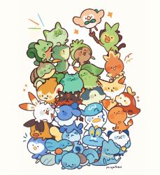 Rule 34 | artist name, black eyes, bulbasaur, charmander, chespin, chikorita, chimchar, closed mouth, commentary, creatures (company), cyndaquil, english commentary, fennekin, froakie, fuecoco, game freak, gen 1 pokemon, gen 2 pokemon, gen 3 pokemon, gen 4 pokemon, gen 5 pokemon, gen 6 pokemon, gen 7 pokemon, gen 8 pokemon, grookey, litten, looking at another, looking at viewer, miyabau, mudkip, nintendo, no humans, open mouth, oshawott, piplup, pokemon, pokemon (creature), popplio, quaxly, rowlet, scorbunny, simple background, sitting, snivy, sobble, solid circle eyes, sprigatito, squirtle, standing, starter pokemon trio, tepig, torchic, totodile, treecko, turtwig, white background