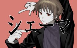 Rule 34 | 1boy, arm up, black jacket, brown hair, chinese commentary, commentary request, double finger gun, finger gun, hand up, harada minoru, highres, jacket, kyoko (akakikyoko), long sleeves, male focus, open clothes, open jacket, open mouth, parody, purple sweater, red background, red eyes, saibou shinkyoku, shamer (vocaloid), short hair, simple background, solo, sweater, translated, turtleneck, turtleneck sweater
