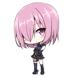 Rule 34 | 1girl, blush, chibi, closed eyes, elbow gloves, fate/grand order, fate (series), full body, gloves, hair over one eye, hand on own arm, high heels, mash kyrielight, one eye covered, pink eyes, pink hair, simple background, solo, standing, white background, yakitori (yakitori06)