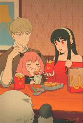 Rule 34 | 1boy, 2girls, anya (spy x family), artist name, bag, black hair, blonde hair, blue eyes, blush stickers, bond (spy x family), brown sweater, chicken nuggets, child, chocorut, collared shirt, commentary, cup, disposable cup, dog, earrings, eating, english commentary, family, food, french fries, gold earrings, great pyrenees, hairband, hairpods, holding, holding cup, indoors, jewelry, long hair, looking at another, mcdonald&#039;s, multiple girls, off-shoulder sweater, off shoulder, paper bag, parody, pink hair, product placement, red eyes, red sweater, sauce, shirt, short hair, smile, spy x family, sweater, table, twilight (spy x family), white hairband, white shirt, yor briar, yoru mac