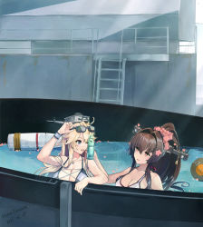 Rule 34 | 2girls, bikini, blonde hair, blue eyes, breasts, brown eyes, brown hair, cherry blossoms, deck, eyewear on head, flower, hair flower, hair ornament, headgear, highres, himeyamato, inflatable toy, iowa (kancolle), kantai collection, ladder, large breasts, long hair, multiple girls, ponytail, pool, railing, ramune, star-shaped pupils, star (symbol), striped bikini, striped clothes, sunglasses, swimsuit, symbol-shaped pupils, water, white bikini, yamato (kancolle)