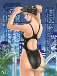 Rule 34 | 1girl, 2005, arena (company), ass, back cutout, blonde hair, blue eyes, cityscape, clothing cutout, competition swimsuit, covered erect nipples, goggles, goggles on headwear, highleg, highleg swimsuit, looking back, night, nyanko batake, one-piece swimsuit, pool, poolside, swim cap, swimsuit