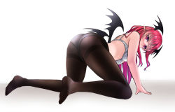 Rule 34 | 1girl, all fours, ass, bespectacled, black pantyhose, blush, bra, demon girl, demon wings, from side, full body, glasses, head wings, koakuma, long hair, looking at viewer, looking to the side, low wings, no shoes, panties, panties under pantyhose, pantyhose, pointy ears, red-framed eyewear, red eyes, red hair, semi-rimless eyewear, simple background, solo, thighband pantyhose, touhou, under-rim eyewear, underwear, underwear only, white background, white bra, white panties, wings, yumi (careca398)