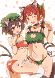Rule 34 | 2girls, :3, :d, ;3, ;d, alternate costume, animal ears, ass, bell, bikini, black legwear, blush, bobomaster, bow, bra, bracelet, braid, breasts, brown eyes, brown hair, butt crack, cat cutout, cat ear panties, cat ears, cat lingerie, cat tail, chen, choker, cleavage, cleavage cutout, clothing cutout, earrings, extra ears, fang, green bikini, green bra, green panties, hair bow, hat, highres, jewelry, jingle bell, kaenbyou rin, knee up, long hair, looking at viewer, meme attire, multiple girls, multiple tails, navel, neck bell, one eye closed, open mouth, panties, paw pose, paw print, pointy ears, print panties, red bikini, red bra, red eyes, red hair, red panties, shiny skin, short hair, side-tie bikini bottom, side-tie panties, simple background, single earring, small breasts, smile, swimsuit, tail, thighhighs, touhou, twin braids, underwear, underwear only, white legwear, white thighhighs, wristband