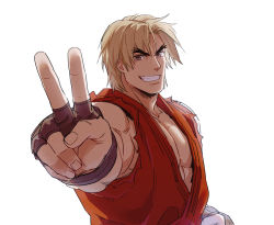 Rule 34 | 1boy, backlighting, bara, blonde hair, dougi, fingerless gloves, forked eyebrows, gloves, grin, highres, ken masters, leather, male focus, muscular, muscular male, pectoral cleavage, pectorals, red shirt, shirt, short hair, sidepec, smile, solo, street fighter, thick eyebrows, torn clothes, torn sleeves, upper body, v, yuiofire