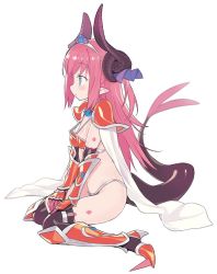 Rule 34 | 1girl, armor, armored boots, bikini, bikini armor, black thighhighs, blade (galaxist), blue eyes, boots, breasts, cape, commentary request, curled horns, dragon girl, dragon horns, dragon tail, elizabeth bathory (brave) (fate), elizabeth bathory (fate), fate/grand order, fate (series), full body, hair ribbon, high heel boots, high heels, horns, knee boots, long hair, looking away, oversized clothes, pauldrons, pink hair, pointy ears, profile, purple ribbon, red armor, red footwear, ribbon, shoes, shoulder armor, sidelocks, simple background, sitting, small breasts, solo, spiked shoes, spikes, string bikini, swimsuit, tail, thighhighs, thighhighs under boots, tiara, two side up, vambraces, very long hair, wariza, white background, white cape