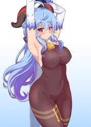 Rule 34 | 1girl, ahoge, armpits, arms up, bell, blue background, blue hair, bodysuit, breasts, brown bodysuit, closed mouth, covered erect nipples, covered navel, cowbell, detached sleeves, ganyu (genshin impact), genshin impact, goat horns, gradient background, horns, ikue fuuji, large breasts, long hair, looking at viewer, paid reward available, red eyes, solo, thick eyebrows