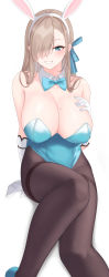 Rule 34 | 1girl, :d, absurdres, animal ears, aqua eyes, arm at side, asuna (blue archive), asuna (bunny) (blue archive), bare shoulders, black pantyhose, blue archive, blue bow, blue bowtie, blue leotard, blush, bow, bowtie, breasts, brown hair, cleavage, detached collar, elbow gloves, fake animal ears, feet out of frame, gloves, grin, hair over one eye, hairband, hand on own chest, highres, knee up, large breasts, leotard, long hair, looking at viewer, mole, mole on breast, momoiro lettuce, open mouth, pantyhose, parted lips, playboy bunny, rabbit ears, simple background, sitting, smile, solo, strapless, strapless leotard, thighband pantyhose, traditional bowtie, white background, white gloves, white hairband