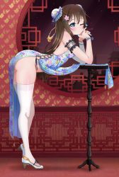 Rule 34 | 1girl, armlet, ass, blue dress, blue nails, blush, brown hair, china dress, chinese clothes, clothes lift, double bun, dress, dress lift, floral print, hair between eyes, hair bun, hair ornament, hands on own face, heart, high heels, highres, leaning forward, long hair, looking at viewer, love live!, love live! nijigasaki high school idol club, nail polish, no panties, one eye closed, osaka shizuku, own hands clasped, own hands together, satolive20, sideless outfit, solo, table, thighhighs, thighs, white thighhighs