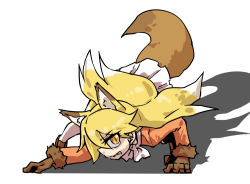 Rule 34 | 10s, 1girl, all fours, animal ears, blonde hair, brown gloves, clenched teeth, ezo red fox (kemono friends), fox ears, fox tail, fur trim, gloves, kemono friends, long hair, orange eyes, pleated skirt, seki (red shine), shadow, skirt, solo, tail, teeth, white background, yellow eyes