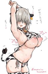 Rule 34 | 1girl, animal ears, animal print, areola slip, armpits, arms up, artist name, bell, bikini, bikini top lift, blush, breasts, clothes lift, cow ears, cow horns, cow print, cow tail, cowbell, grey hair, hair over eyes, highres, horns, large breasts, long bangs, looking at viewer, momoiro tunozemi, navel, nipple slip, nipples, open mouth, short hair, side-tie bikini bottom, simple background, solo, standing, sweat, swimsuit, tail, thighhighs, uzaki-chan wa asobitai!, uzaki yanagi, white background