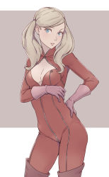 Rule 34 | 10s, 1girl, atlus, blue eyes, bodysuit, boots, breasts, cheshirrr, cleavage cutout, clothing cutout, cowboy shot, earrings, gloves, highres, jewelry, lips, looking at viewer, mask, unworn mask, medium breasts, parted lips, persona, persona 5, pink gloves, red bodysuit, red thighhighs, sega, solo, standing, stud earrings, swept bangs, takamaki anne, thigh boots, thighhighs, twintails, two-tone background, zipper