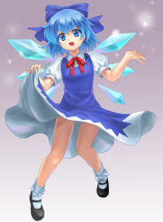 Rule 34 | 1girl, bad id, bad pixiv id, blue eyes, blue hair, cirno, clothes lift, dress, dress lift, embodiment of scarlet devil, fang, female focus, flying, full body, geroro, gradient background, legs, matching hair/eyes, ribbon, short hair, snow, socks, solo, touhou, white background, wings