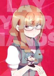 Rule 34 | 1boy, 1girl, arm up, bad id, bad pixiv id, black pants, braid, breasts, brown eyes, brown hair, chibi, closed mouth, collared shirt, commentary request, doll, english text, glasses, green hair, hair between eyes, kiznaiver, long hair, looking at viewer, looking to the side, maki honoka, minb, open mouth, pants, pink background, school uniform, shirt, short sleeves, simple background, single braid, smile, solo focus, sweater vest, upper body, white shirt, yuta tsuguhito