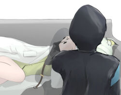 Rule 34 | 1girl, 1other, animal ear fluff, animal ears, arknights, bare shoulders, couch, doctor (arknights), dress, feet out of frame, green dress, green hair, highres, jacket, kal&#039;tsit (arknights), lying, mebe (teadia violet), off-shoulder jacket, off shoulder, on couch, on side, pillow, simple background, white background, white jacket