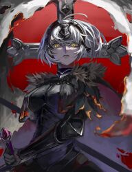 Rule 34 | 1girl, absurdres, ahoge, armor, black armor, blonde hair, breasts, cross, fate/grand order, fate (series), fur trim, gauntlets, headgear, highres, holding, holding sword, holding weapon, jeanne d&#039;arc alter (avenger) (fate), jeanne d&#039;arc alter (fate), koma (86355254), looking at viewer, medium breasts, shaded face, solo, sword, upper body, weapon, yellow eyes