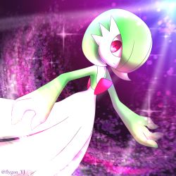 Rule 34 | 1girl, artist name, bob cut, closed mouth, colored skin, creatures (company), dutch angle, expressionless, female focus, flat chest, game freak, gardevoir, gen 3 pokemon, green hair, green skin, hair over one eye, hand up, highres, light rays, looking down, multicolored skin, nintendo, one eye covered, pokemon, pokemon (creature), purple background, red eyes, short hair, solo, sparkle, standing, twitter username, two-tone skin, watermark, white skin, yujyu