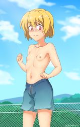 Rule 34 | 1girl, abridged-satoko, blonde hair, blue male swimwear, blue sky, blue swim trunks, blurry, blurry background, blush, breasts, chain-link fence, clenched hand, closed mouth, cloud, collarbone, cowboy shot, day, drawstring, female focus, fence, flat chest, from below, from side, gradient male swimwear, gradient swimsuit, hair between eyes, highres, higurashi no naku koro ni, houjou satoko, looking at viewer, looking away, looking down, looking to the side, male swimwear, male swimwear challenge, nipples, outdoors, red eyes, short hair, signature, sky, small breasts, solo, standing, swim trunks, swimsuit, topless, wavy mouth