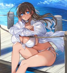Rule 34 | 1girl, :o, ahoge, bare legs, bikini, blue eyes, blue sky, breasts, brown hair, cleavage, commentary request, curvy, day, feet out of frame, hair blowing, highres, large breasts, looking at viewer, navel, ocean, open clothes, open mouth, open shirt, original, outdoors, pier, rope, shino yoshihisa, shirt, sideboob, sitting, sky, solo, summer, swimsuit, thighs, undersized clothes, white bikini, white shirt