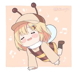 Rule 34 | 1girl, = =, baseball cap, bee hair ornament, bee print, blonde hair, blush stickers, chibi, commentary, dress, english commentary, fake antennae, hair ornament, hairclip, hat, hololive, hololive english, insect wings, kukie-nyan, long sleeves, open mouth, pinafore dress, short hair, sleeveless dress, smile, solo, twitter username, virtual youtuber, watson amelia, wings