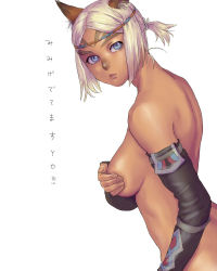 Rule 34 | 00s, 1girl, animal ears, back, blonde hair, blue eyes, breasts, cat ears, covering privates, covering breasts, dark-skinned female, dark skin, detached sleeves, final fantasy, final fantasy xi, large breasts, lips, mithra (ff11), nude, short hair, simple background, solo, yuccoshi