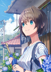 Rule 34 | 1girl, absurdres, aqua eyes, backpack, bag, blue flower, blue sky, brown hair, building, closed mouth, cloud, commentary request, day, flower, forest, hair between eyes, highres, holding, holding umbrella, house, hydrangea, michinoku (hiking miusan18), nature, original, outdoors, power lines, scenery, shirt, short hair, sky, smile, solo, striped clothes, striped shirt, summer, umbrella, upper body, utility pole, vertical stripes, watch, white shirt, wristwatch