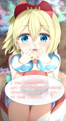 Rule 34 | 1girl, :d, aties20, blonde hair, blue eyes, blurry, blurry background, blush, breasts, creatures (company), depth of field, english text, game freak, hair between eyes, hand to own mouth, hands up, highres, irida (pokemon), looking at viewer, nintendo, open mouth, own hands together, pokemon, pokemon legends: arceus, red shirt, shirt, short shorts, shorts, small breasts, smile, solo, strapless, strapless shirt, white shorts