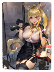 Rule 34 | 1girl, animal ears, artist name, ayanami (azur lane), azur lane, bag, bell, black gloves, black jacket, black skirt, black thighhighs, blonde hair, breasts, brown eyes, cat, choker, facial mark, facial tattoo, food, gloves, heart, heart tattoo, highres, itoucon, jacket, jacket on shoulders, jewelry, long hair, looking at viewer, medium breasts, neck bell, necklace, open mouth, paw pose, pencil skirt, ponytail, skirt, solo, table, tattoo, thighhighs, watch