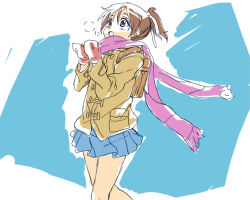 Rule 34 | 00s, 1girl, :o, backpack, bag, blue skirt, blush, breath, brown coat, brown hair, coat, cowboy shot, female focus, flat color, grey eyes, hair ribbon, hareta, hirasawa ui, k-on!, long sleeves, mittens, multiple tails, open mouth, pink scarf, pleated skirt, pocket, ponytail, red mittens, ribbon, scarf, seita, short hair, sketch, skirt, solo, tail, tareme, two tails, white ribbon, winter clothes, winter coat