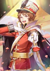 Rule 34 | 1boy, :d, belt, brown eyes, brown hair, cape, confetti, cowboy shot, flag, food, food fantasy, fork, fruit, glint, gloves, gold trim, hand on own chest, hat, hat feather, highres, holding, holding fork, incoming food, jacket, light particles, long sleeves, looking at viewer, male focus, military hat, military uniform, napoleon cake (food fantasy), open mouth, outstretched arm, pants, parted bangs, phillyanna, red jacket, sash, shako cap, short hair, shoulder sash, sleeve cuffs, smile, solo, standing, strawberry, teeth, uniform, upper teeth only, whipped cream, white cape, white gloves, white hat, white pants