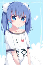 Rule 34 | 1girl, blue background, blue eyes, blue hair, blush, closed mouth, clothes writing, collarbone, commentary request, floral background, hair between eyes, heart, highres, i heart..., looking at viewer, okota mikan, original, shirt, short sleeves, smile, solo, twintails, white shirt