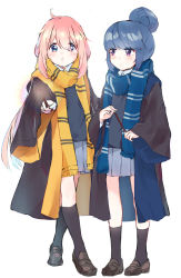 Rule 34 | 2girls, black cloak, black fox, black legwear, black sweater, blue cloak, blue eyes, blue hair, blue scarf, blue skirt, cloak, commentary, crossed legs, dress shirt, english commentary, full body, hair bun, halloween, halloween costume, harry potter (series), highres, hogwarts school uniform, holding, holding wand, kagamihara nadeshiko, loafers, long hair, long sleeves, looking at another, looking at viewer, messy hair, miniskirt, multiple girls, open mouth, parted lips, pink hair, pleated skirt, purple eyes, ringosutta, scarf, school uniform, shima rin, shirt, shoes, short hair, simple background, single hair bun, sketch, skirt, socks, standing, striped clothes, striped scarf, sweater, two-sided cloak, two-sided fabric, v-shaped eyebrows, wand, white background, white shirt, wide sleeves, wizarding world, yellow cloak, yellow scarf, yurucamp