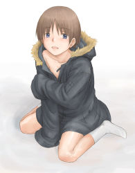 Rule 34 | androgynous, bare pectorals, blue eyes, blush, brown hair, coat, collarbone, gender request, kneeling, minato fumi, naked coat, oversized clothes, pectorals, short hair, socks, solo
