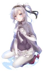 Rule 34 | 1girl, between legs, blue eyes, bodysuit, clothes writing, full body, gloves, grey jacket, hand between legs, headband, highres, jacket, jacket on shoulders, kantai collection, long hair, looking at viewer, miniskirt, one side up, pantyhose, pleated skirt, ria (thiho1227), school uniform, seiza, serafuku, silver hair, simple background, sitting, skirt, solo, suzutsuki (kancolle), white background, white gloves, white pantyhose, white skirt