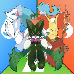 Rule 34 | :d, blue background, blue eyes, closed mouth, commentary request, creatures (company), delphox, fangs, fire, game freak, gen 6 pokemon, gen 7 pokemon, green background, half-closed eyes, hands up, highres, holding, holding stick, knees up, long sleeves, looking at viewer, mameshiba (pixiv 59310), meowscarada, nintendo, no humans, open mouth, own hands together, pokemon, pokemon (creature), primarina, purple eyes, red background, red eyes, sitting, smile, star (symbol), stick, wide sleeves