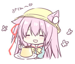 Rule 34 | 1girl, :d, animal ear fluff, animal ears, azur lane, blue shirt, blush, bow, cat ears, chibi, closed eyes, ears through headwear, facing viewer, food, hair between eyes, hair ribbon, hat, heart, holding, holding plate, holding spoon, kisaragi (azur lane), long hair, one side up, open mouth, pink hair, plate, pudding, purinpurin, red ribbon, ribbon, sailor collar, school hat, shirt, simple background, smile, solo, spoon, translation request, white background, white sailor collar, yellow bow, yellow hat